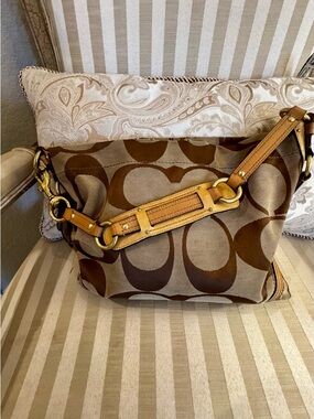 Coach Brown Signature Canvas Shoulder Bag with Tan Leather Trim